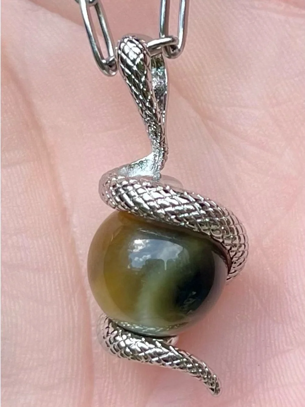 Silver Snake Pendant necklace with Tigers Eye Sphere handmade